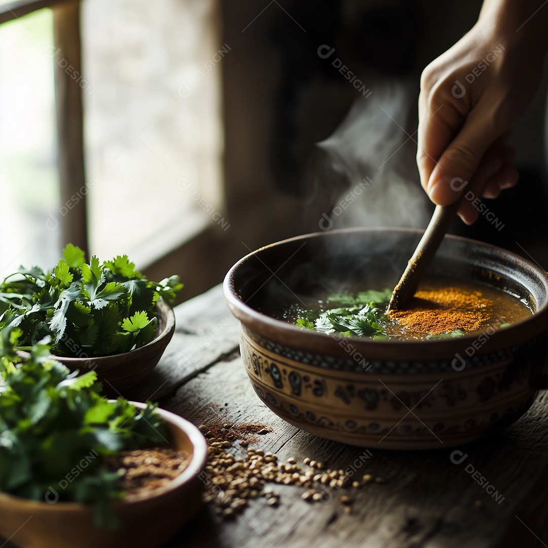 Delíciosa sopa de canela com ervas em tijela sobre mesa de madeira