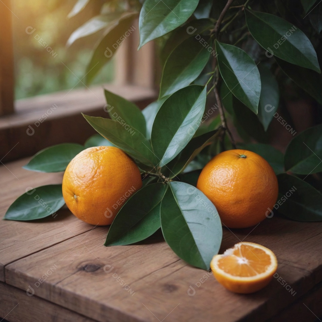 Belas laranjas e folhas verdes sobre mesa de madeira