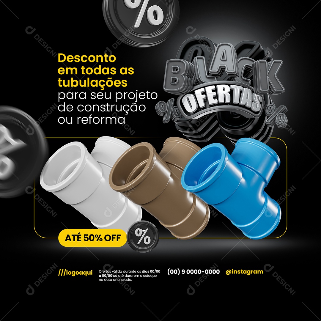 Black Ofertas Materiais de Construção Descontos em Todos as Tubulações Social Media PSD Editável