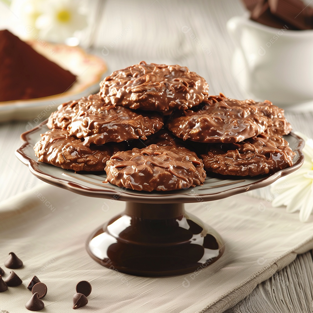 Delíciosas trufas de chocolate em bandeija sobre mesa de madeira