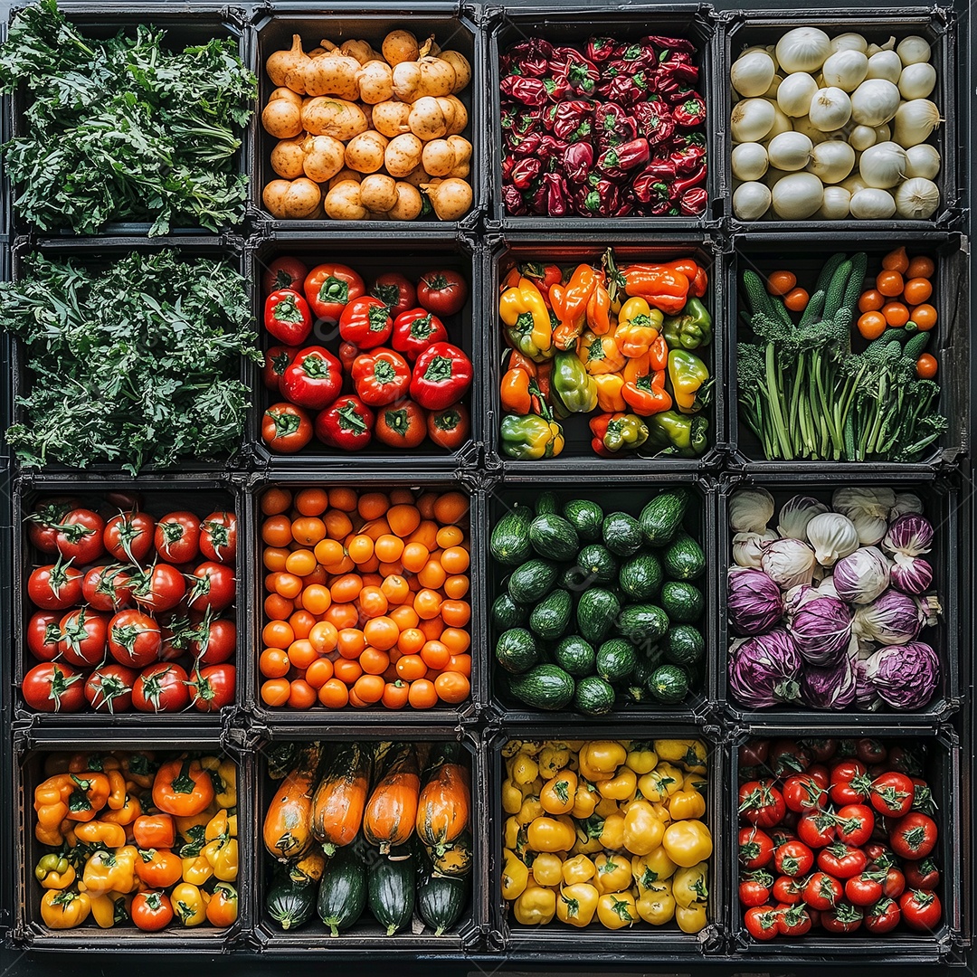 Lindas variedades de legumes frescos em caixas sobre fundo isolado