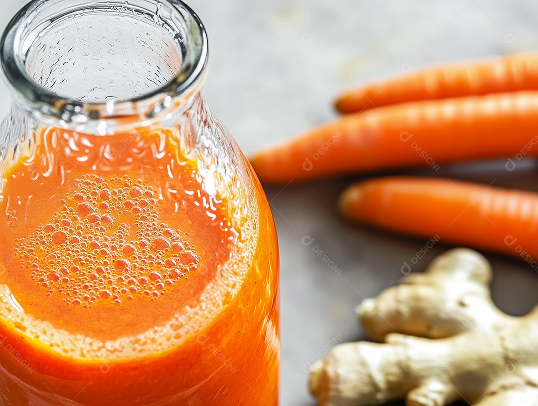 Delíciosa vitamina de cenoura com gengibre em jarra de vidro sobre fundo isolado