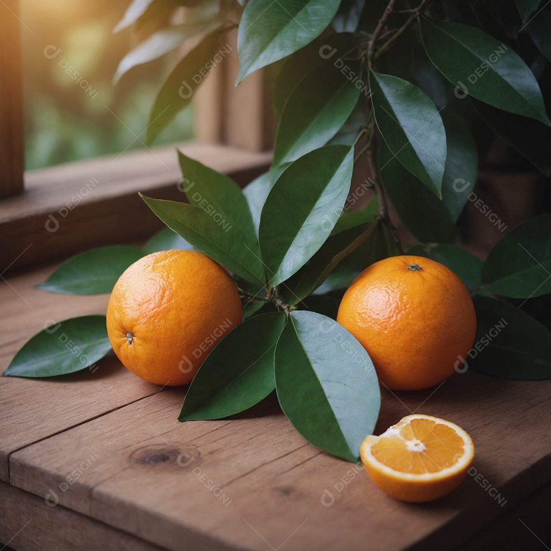 Belas laranjas e folhas verdes sobre mesa de madeira