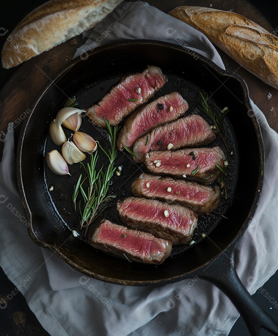Lindos filé de carne mal pasada com alecrim e alho em frigideira sobre mesa de madeira