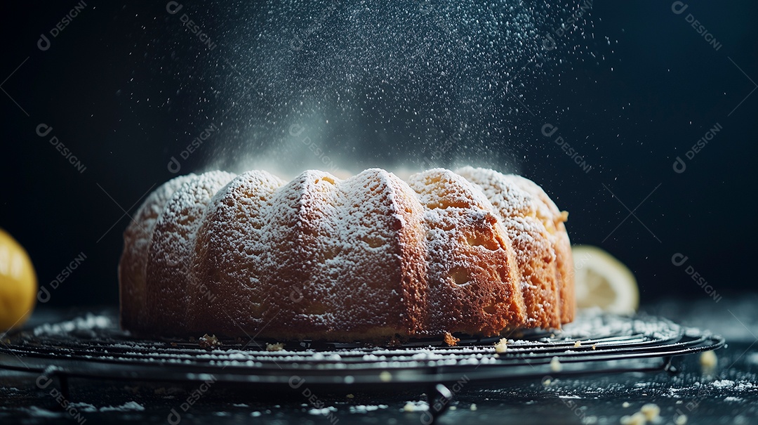 Belo bolo com cobertura ne leite ninho em pó sobre fundo isolado