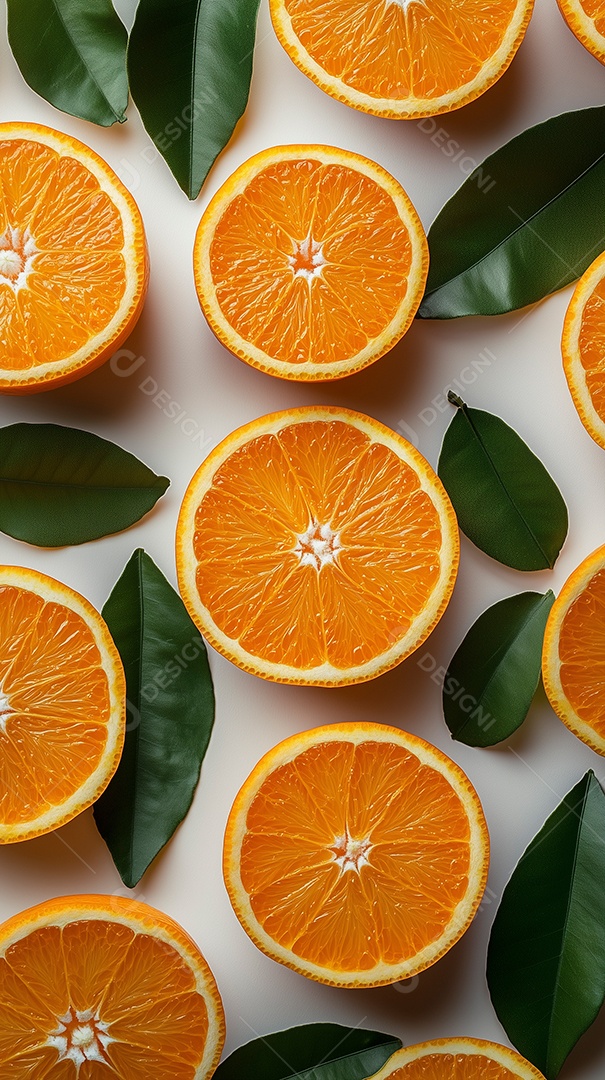 Lindas laranjas pela metade ao lado de folhas verde sobre fundo branco isolado