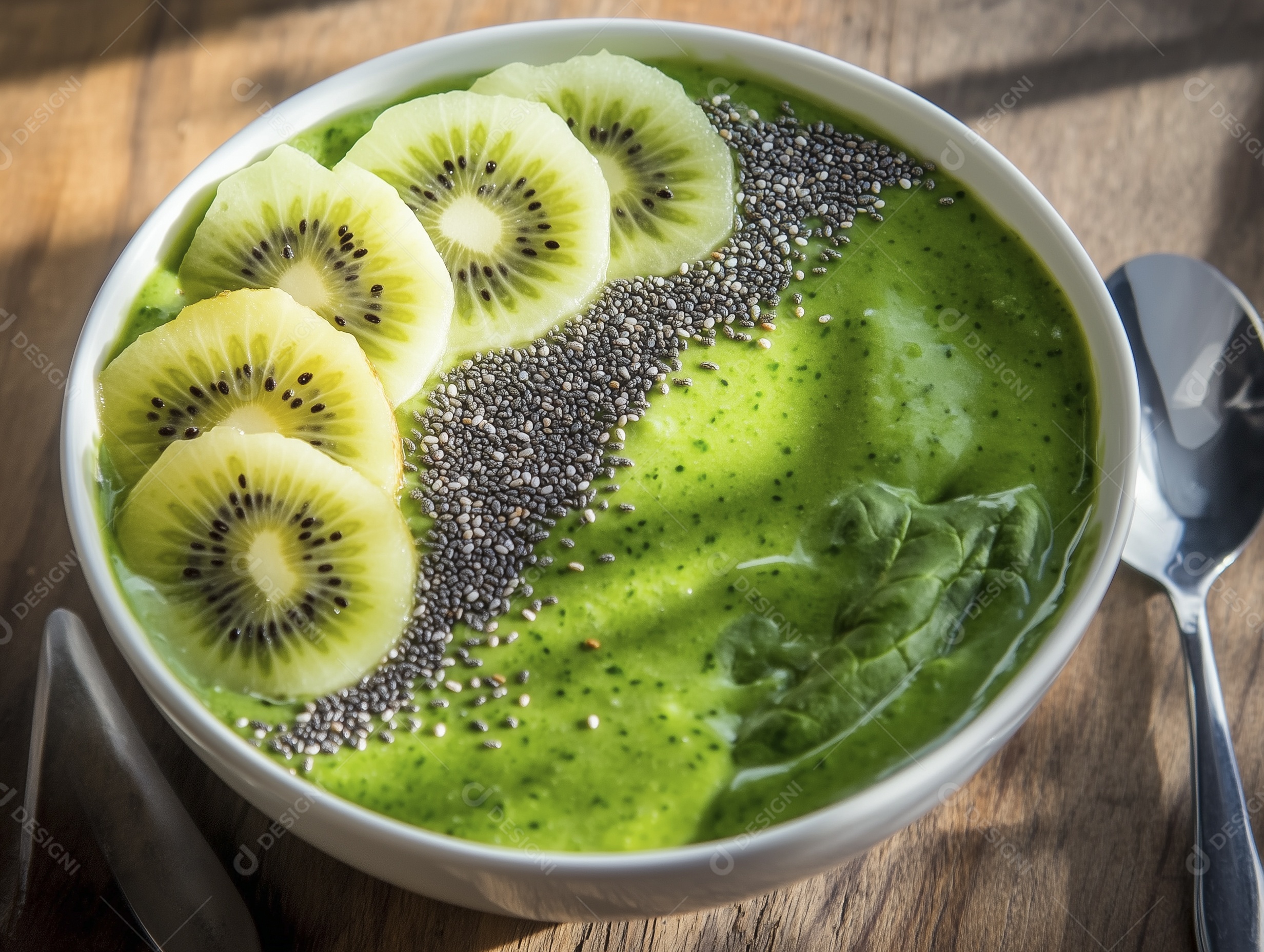 Delícioso mousse de kiwi com grãos em tijela sobre mesa de madeira