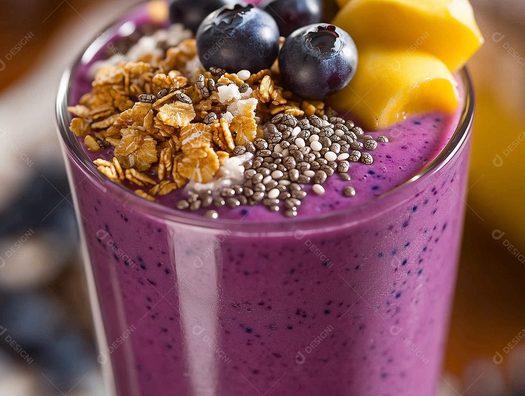 Linda vitamina de mirtilo com granola e manga em copo sobre fundo desfocado