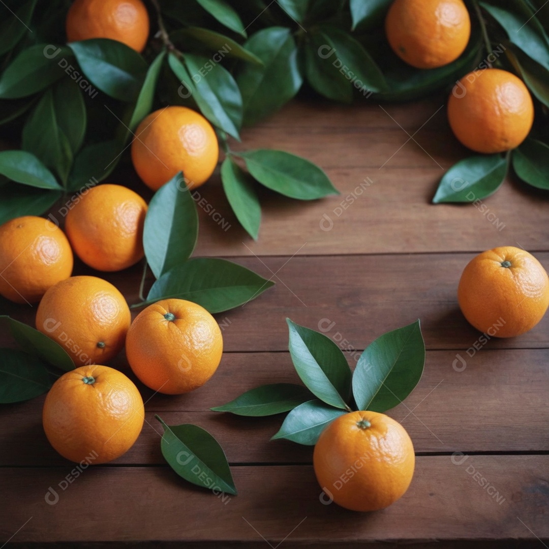 Lindas laranjas ao lado de folhas verdes sobre mesa de madeira