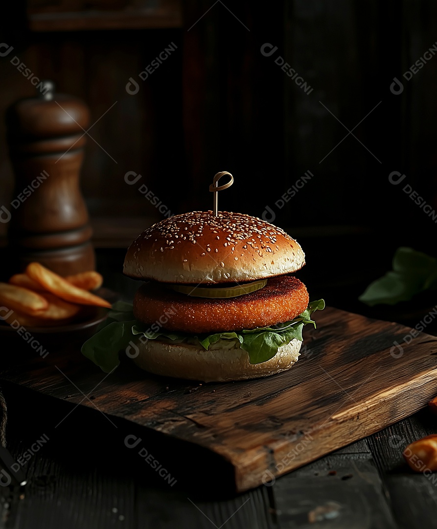 Hamburquer com acompanhamento de batata frita sobre mesa de madeira