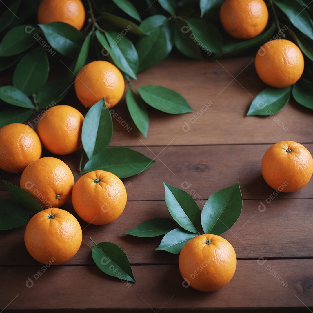 Belas laranjas e folhas verdes sobre mesa de madeira