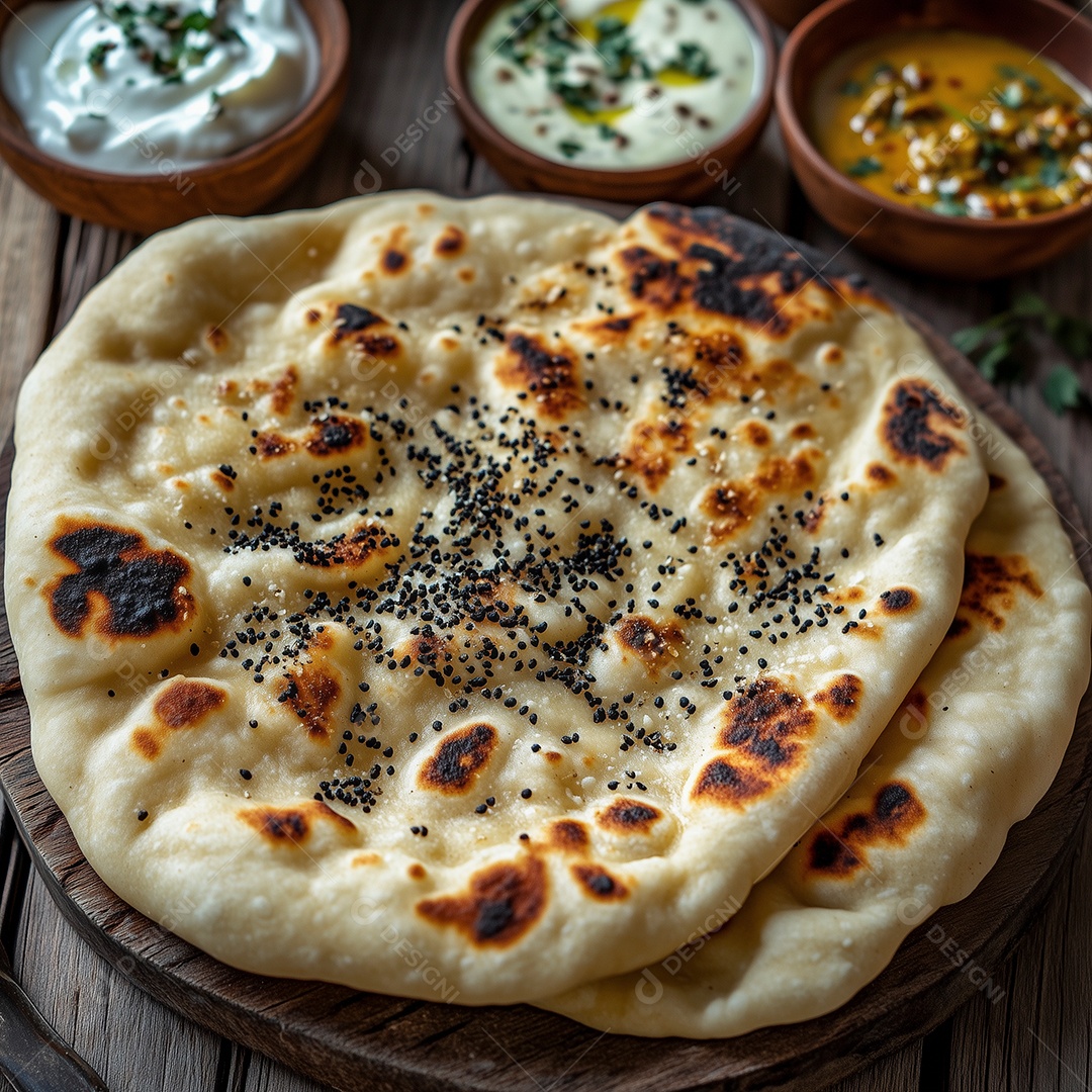 Lindo pão da india com acompanhamento de molhos sobre mesa de madeira