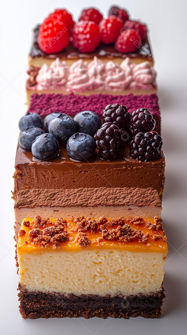 Lindas fatias de bolo diferenciados sobre fundo branco isolado