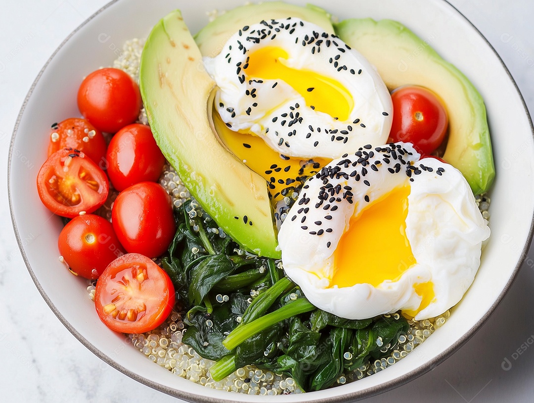 Lindo café da manhã saudável em prato sobre mesa de marmore