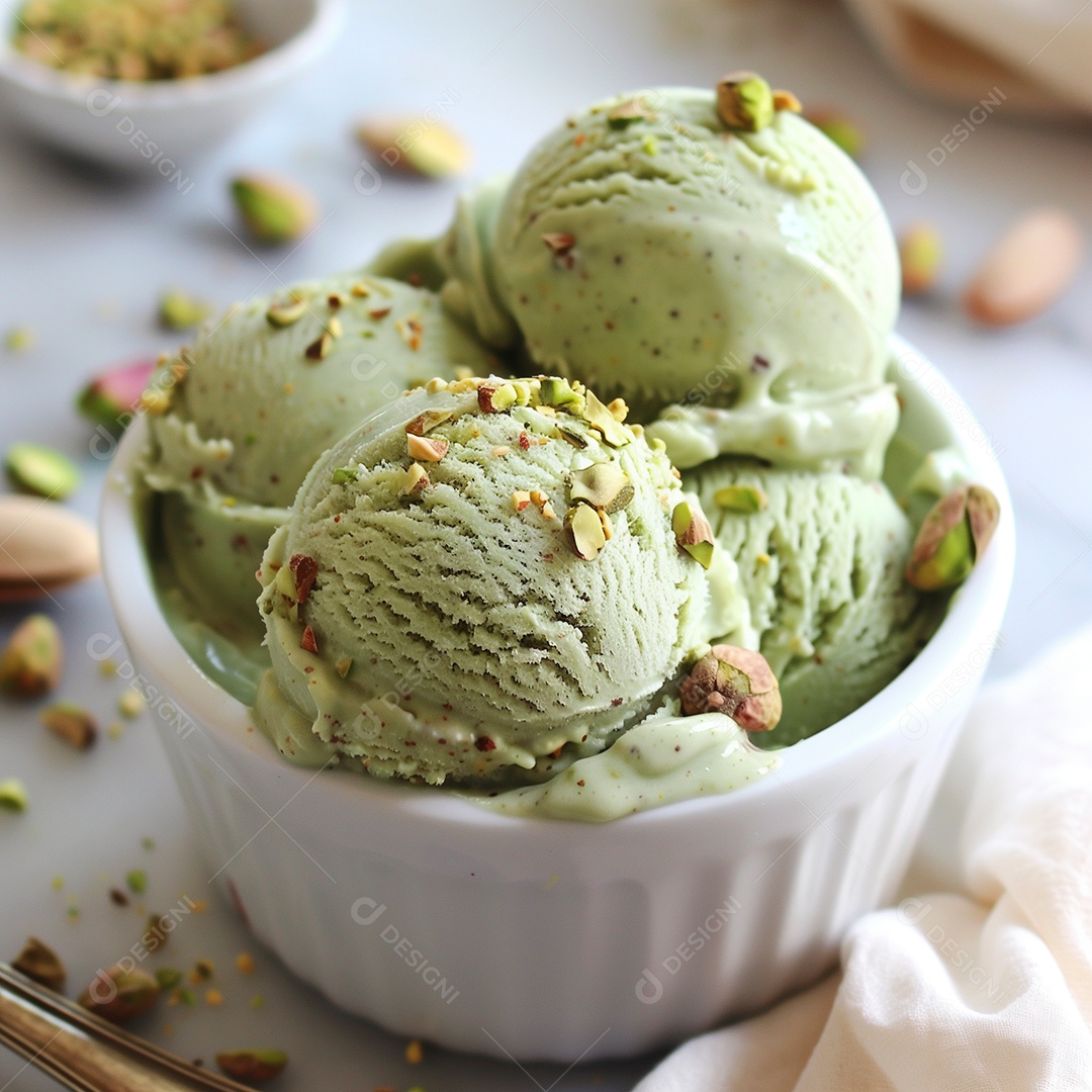 Belo sorvete de pistache em grãos em tijela sobre mesa de marmore