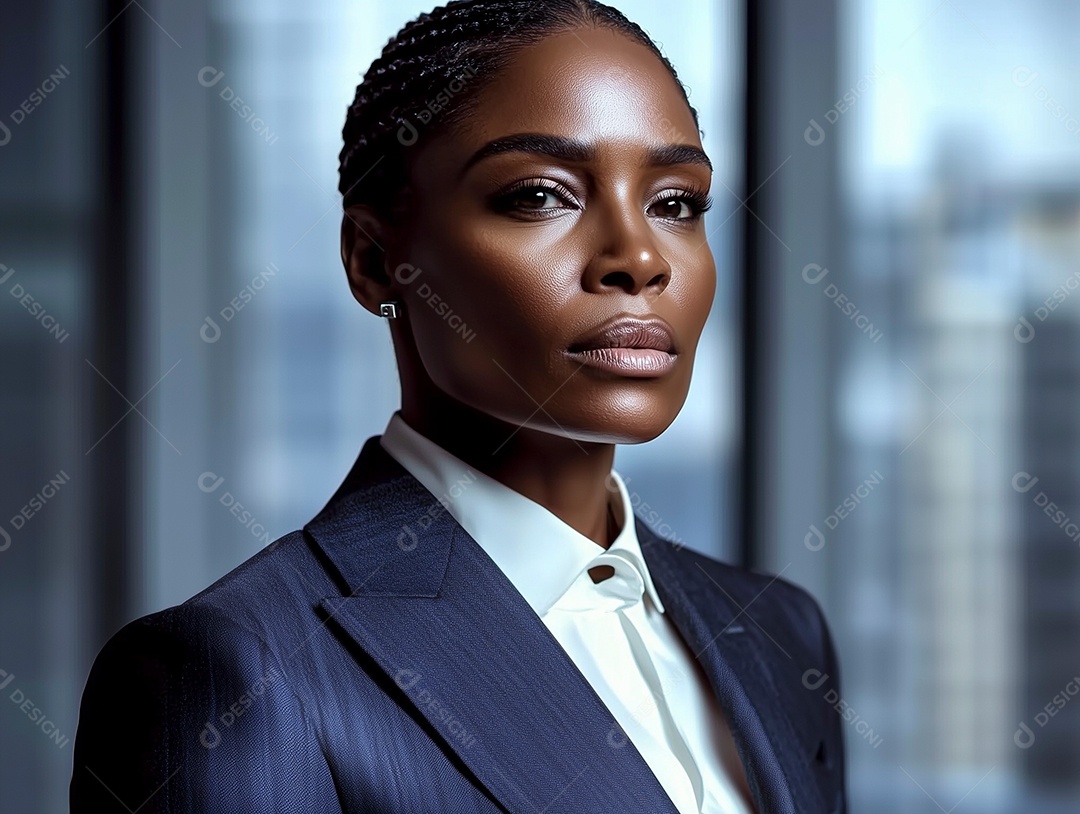 Linda empresária negra sobre fundo desfocado