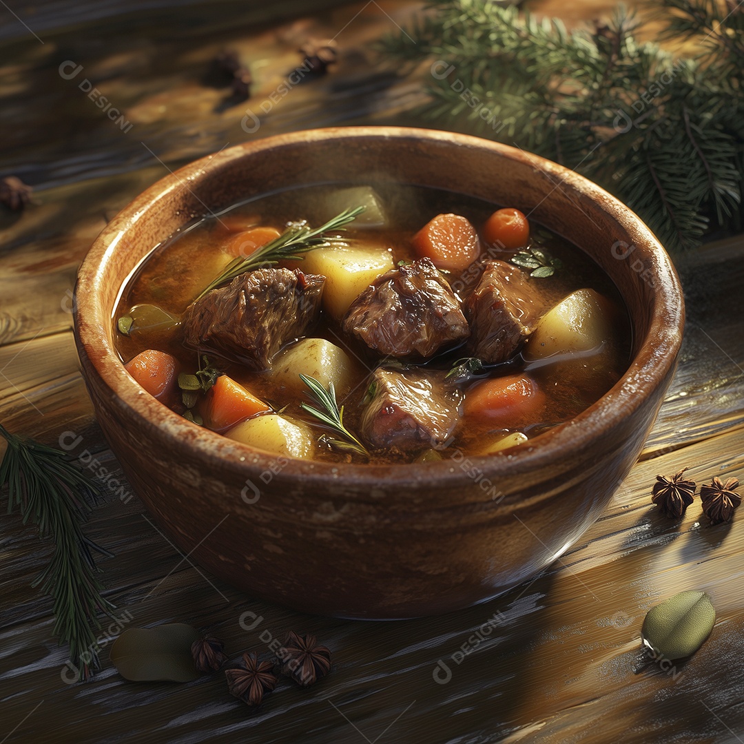 Linda sopa de carne com legumes em tijela sobre mesa de madeira