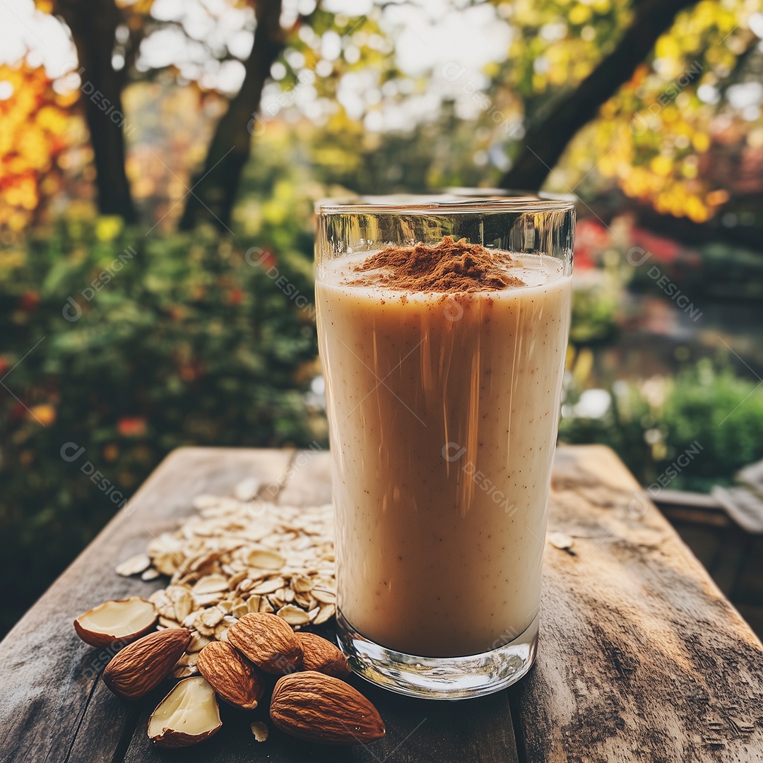 Delícioso leite de nozes em copo de vidro sobre mesa de madeira