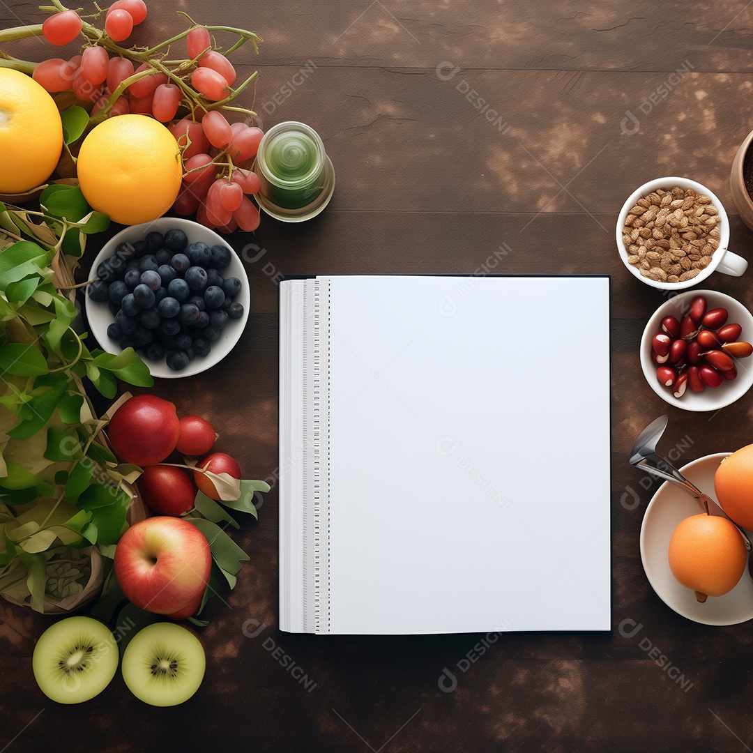 Belo blocos de nota ao redor de frutas e vegetais verdes saudáveis frescos sobre mesa de madeira