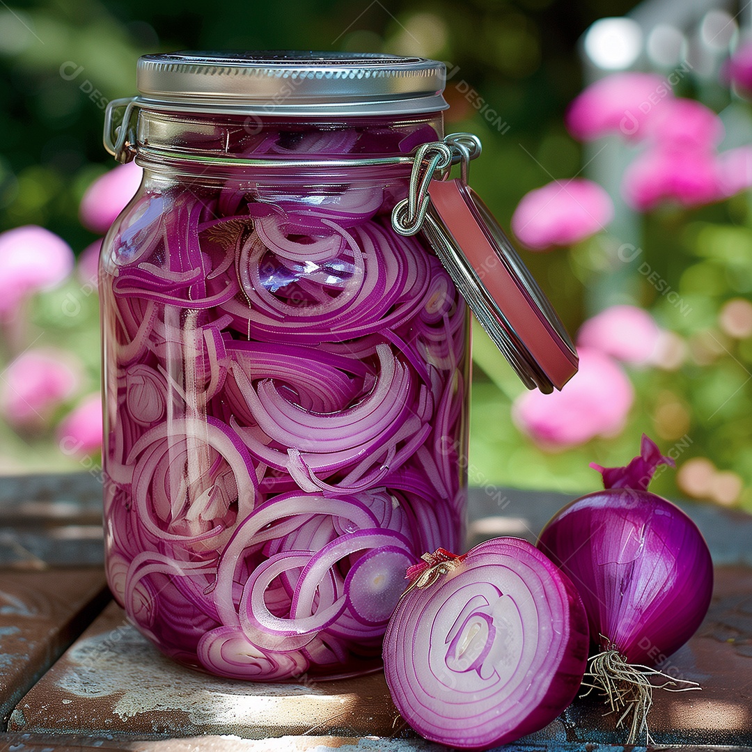 Linda cebola roxa em conserva em pote de vidro sobre mesa de madeira
