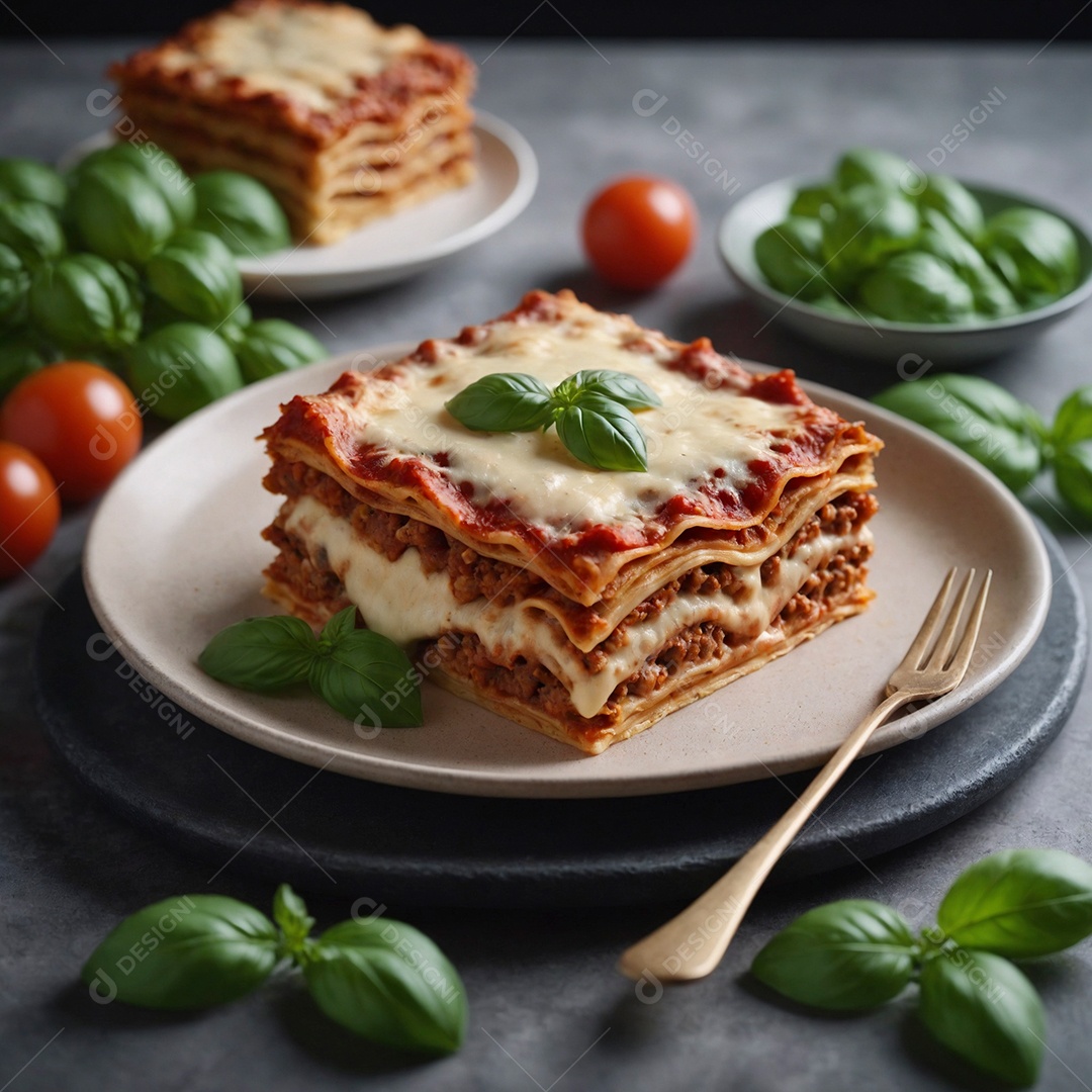 Bela fatia de lasanha em um prato sobre mesa de marmore