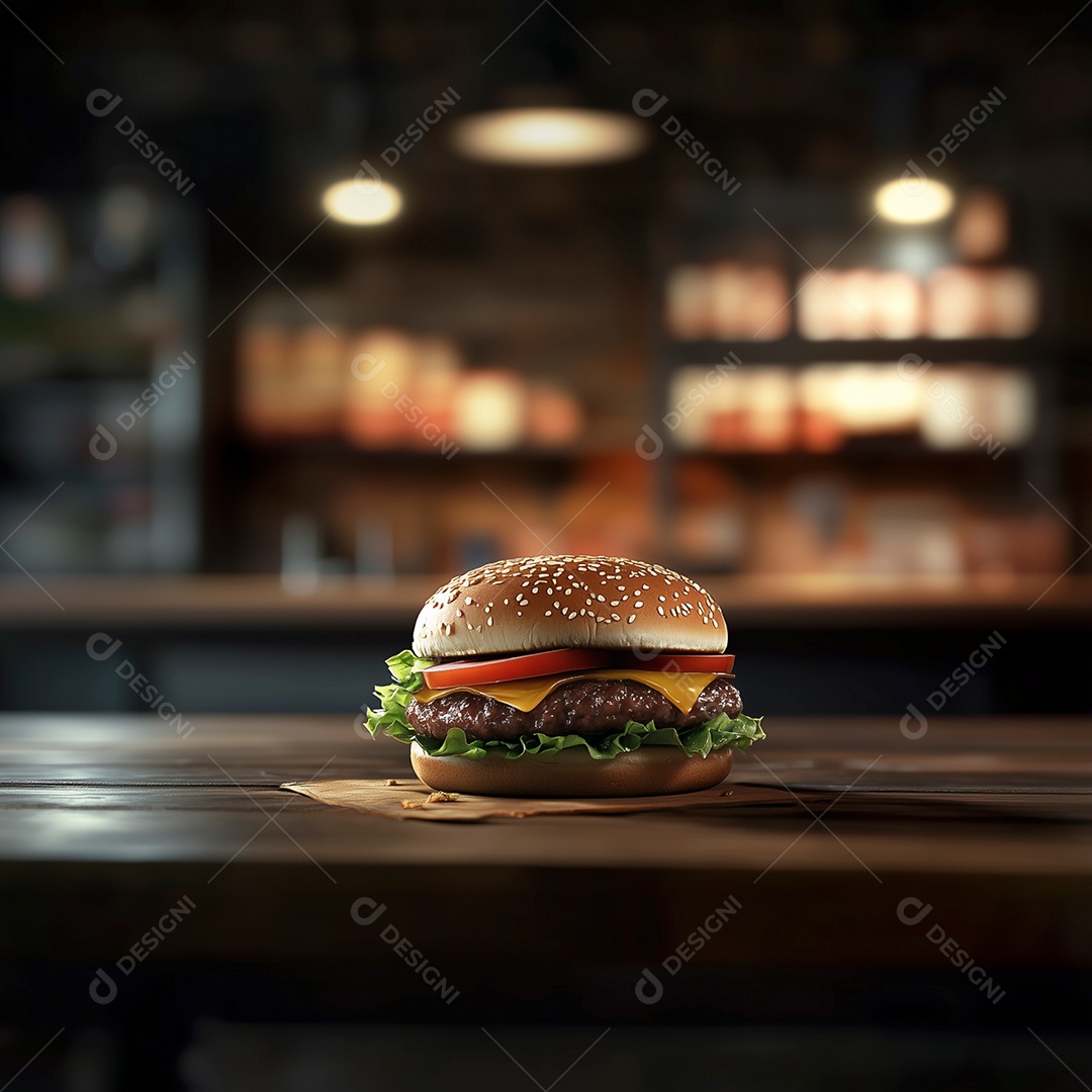 Delícioso hamburguer sobre mesa de madeira
