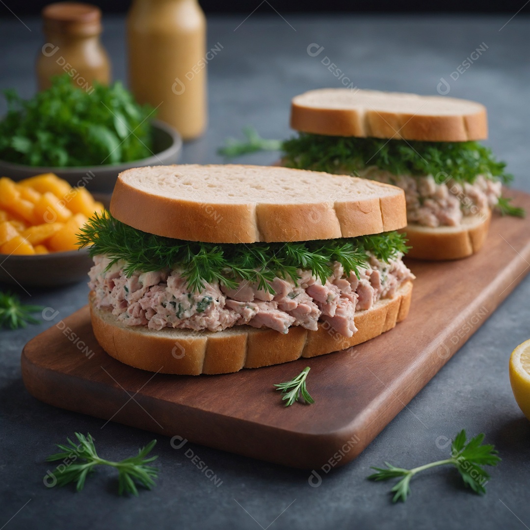 Lindo hamburguer de atum e salsa em tábua sobre mesa de marmore