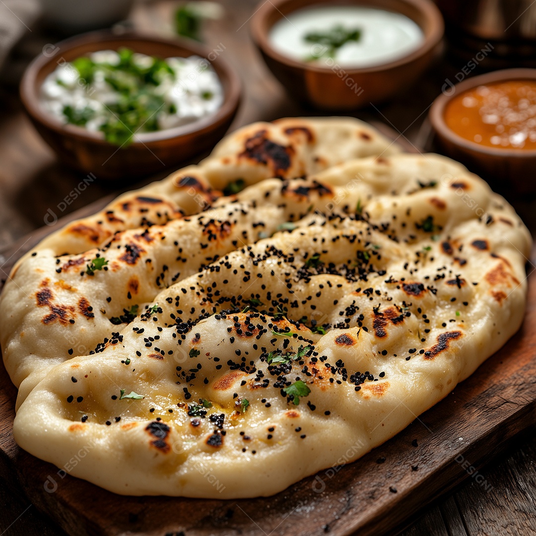 Belo pão com gergelim ao redor de molho em tábua sobre mesa de madeira