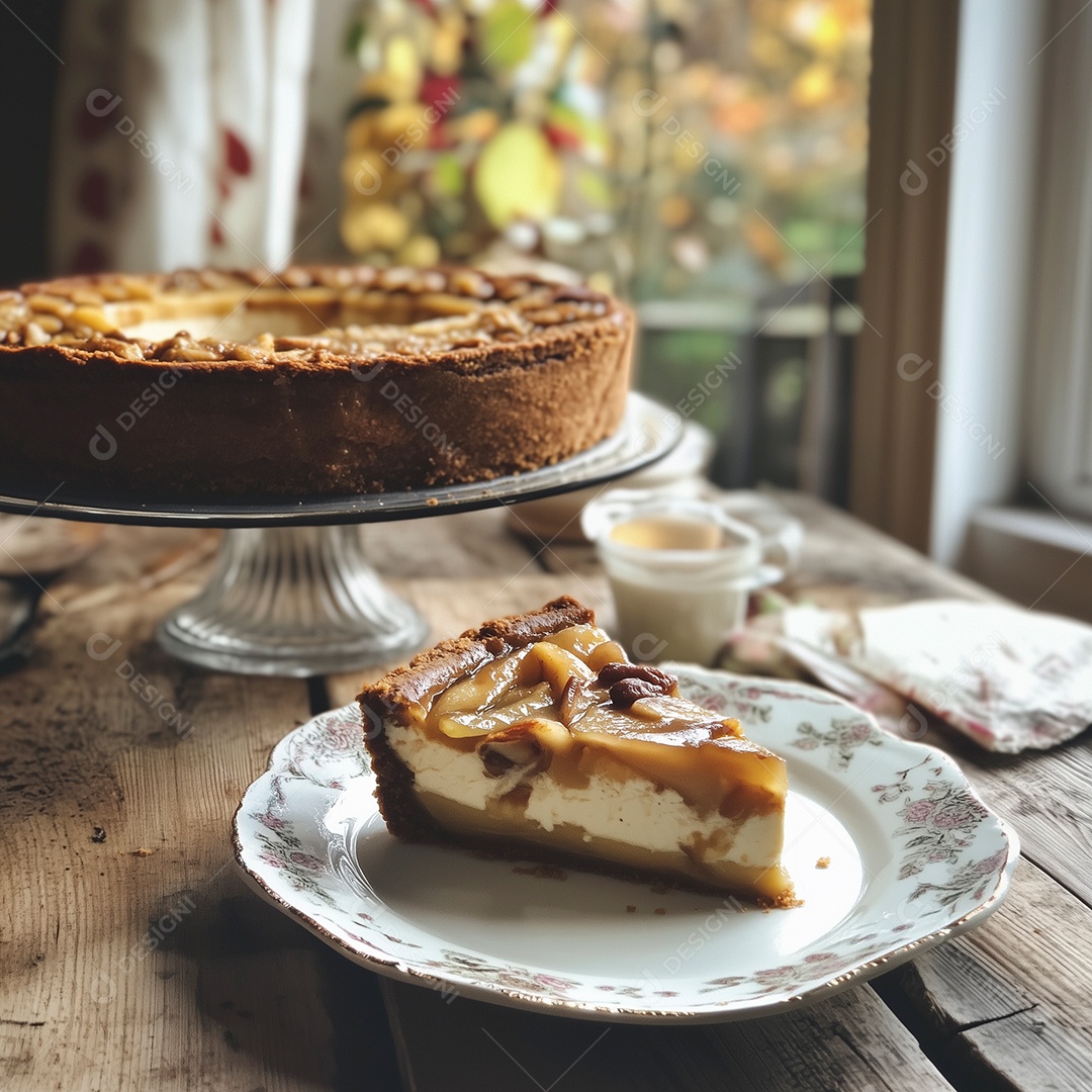 Bela torta de maça caramelizada em prato sobre mesa de madeira