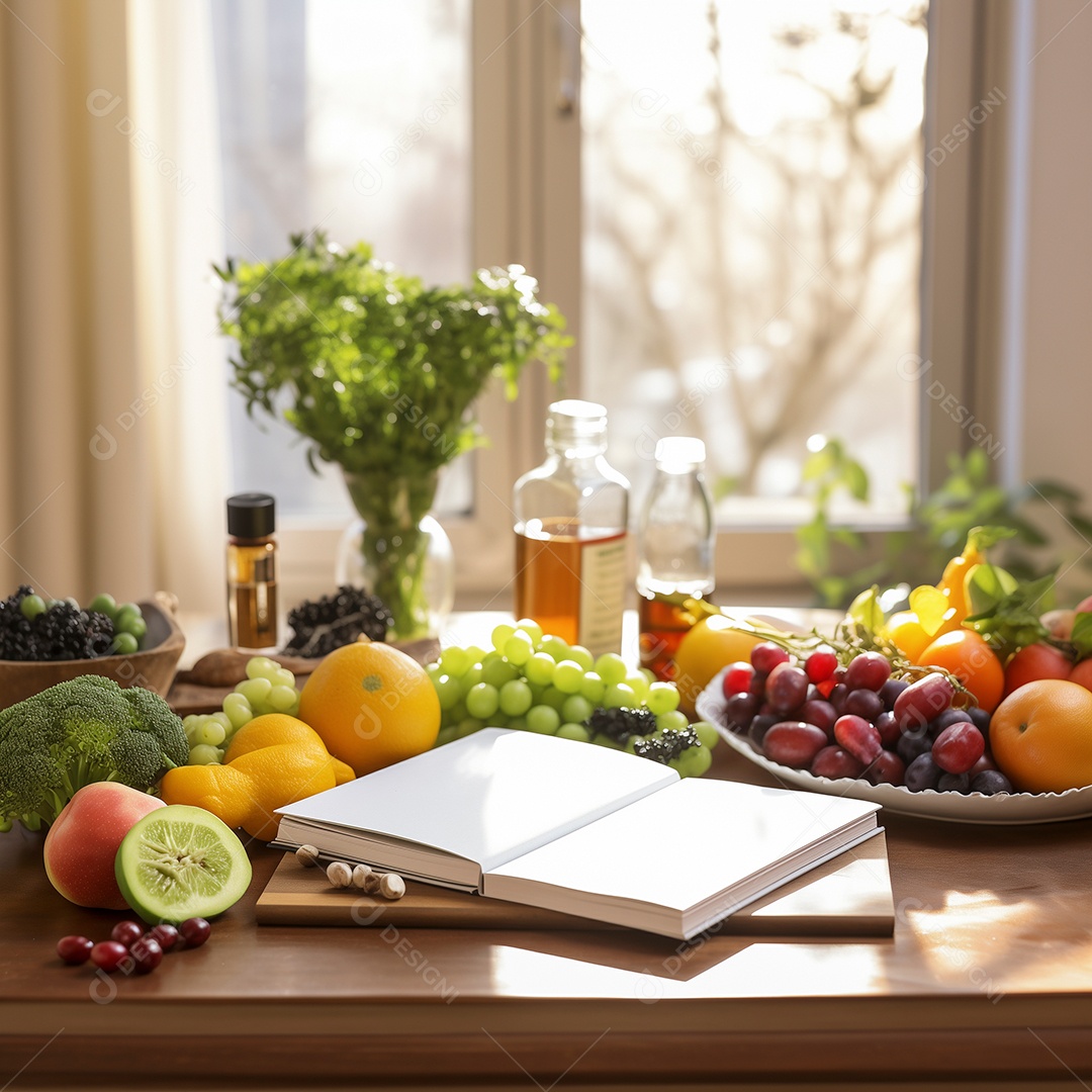 Belo blocos de nota ao redor de frutas e vegetais verdes saudáveis frescos sobre mesa de madeira