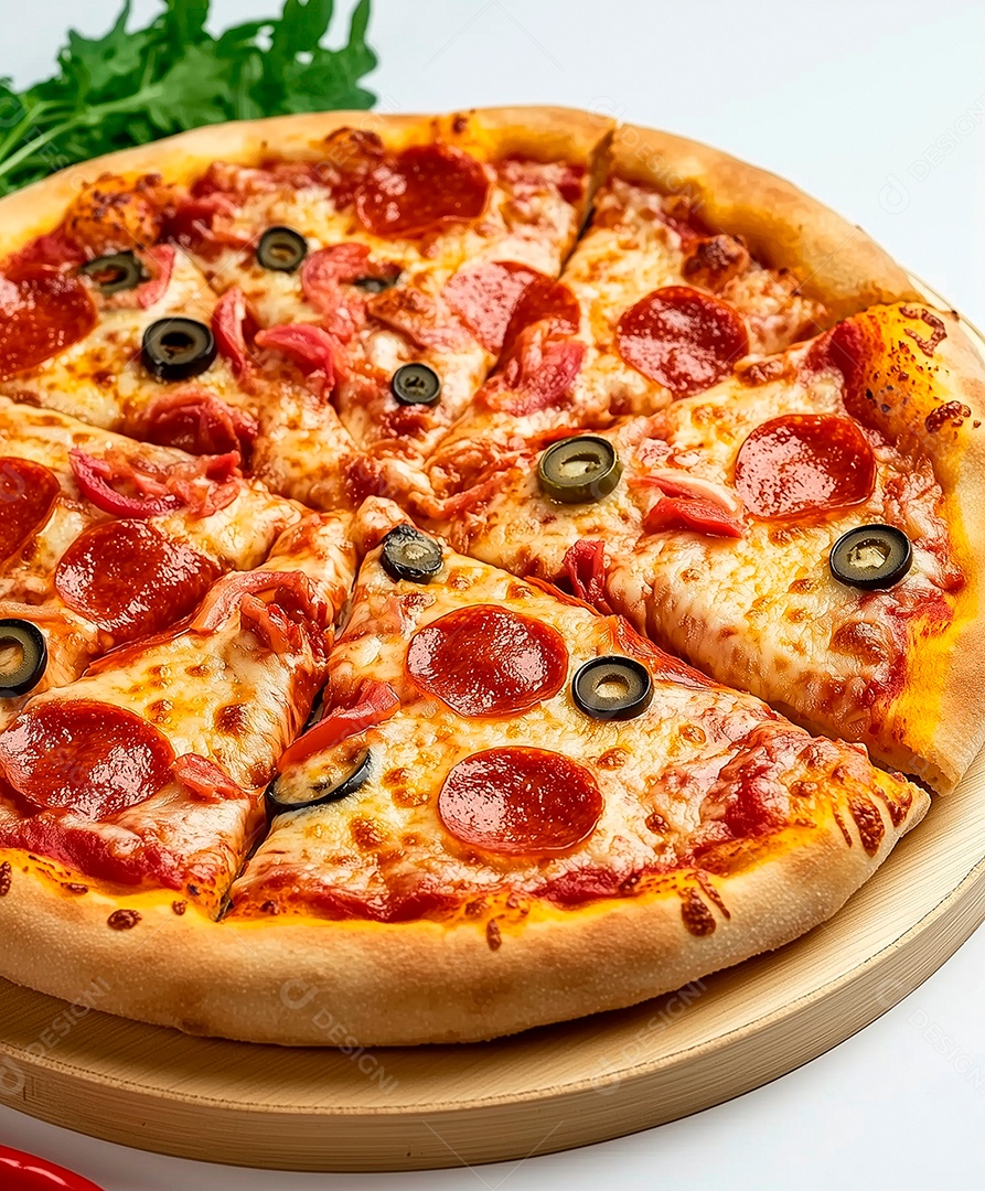 Linda pizza de calabresa em tábua sobre fundo branco isolado