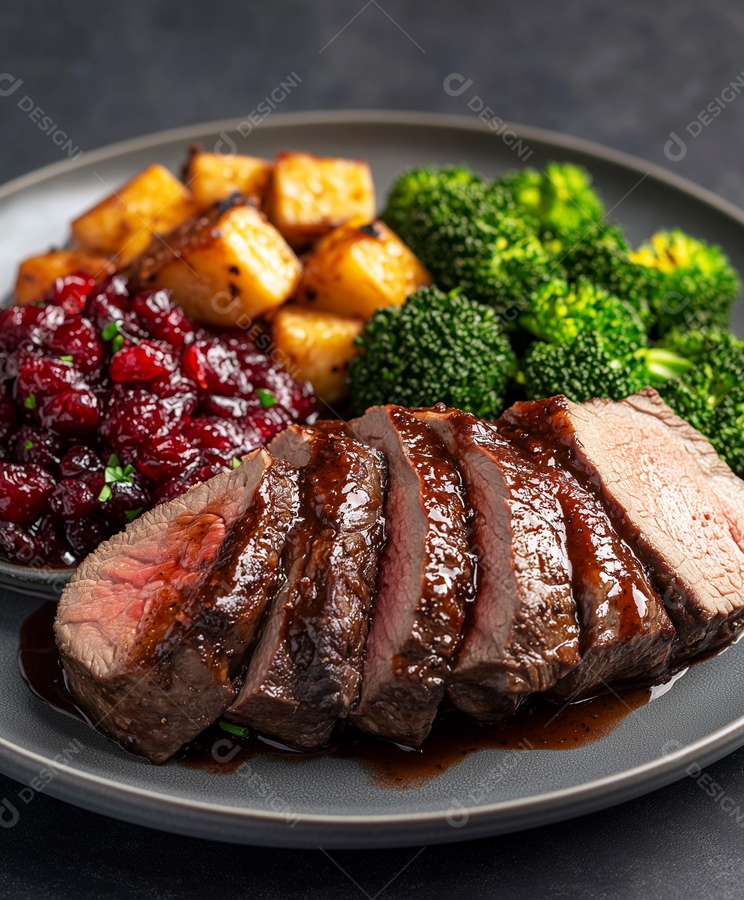 Belos filé de carne ao ponto com acompanhamento de brócolis batata caramelizada e geleia em um prato sobre mesa de marmore