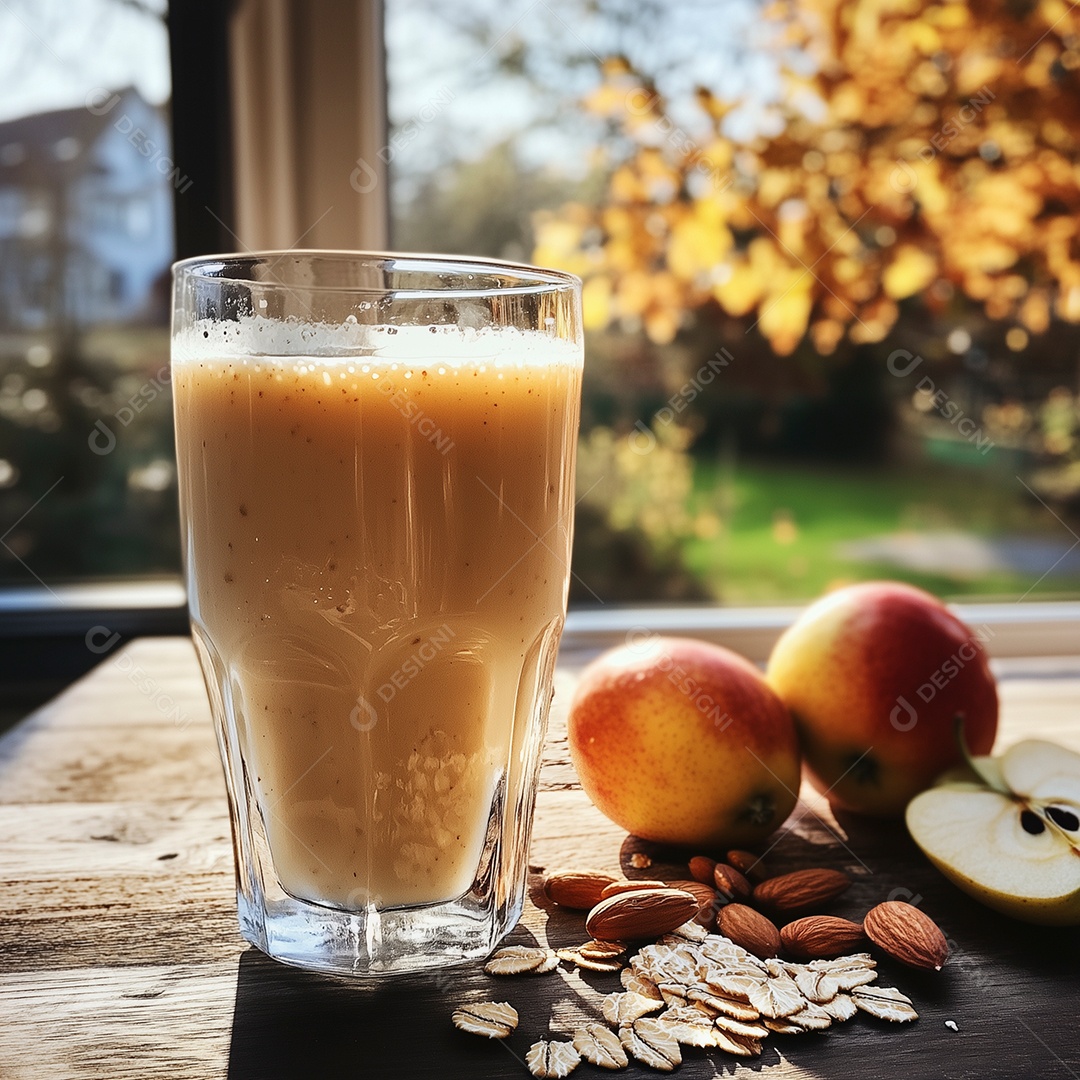 Delíciosa vitamina de maçã com nozes e aveia sobre mesa de madeira