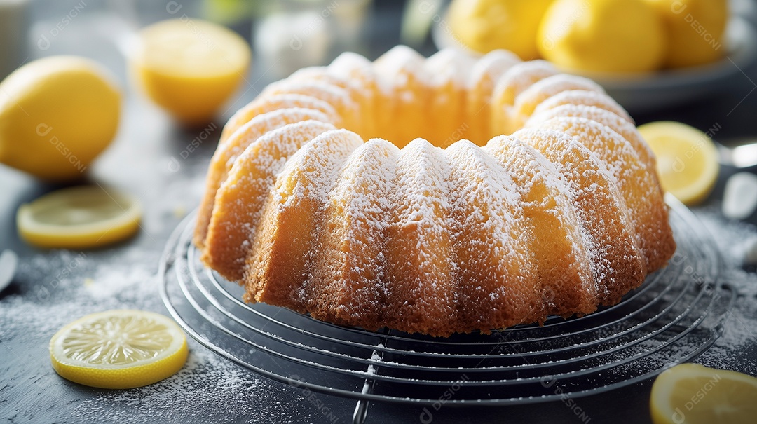 Belo bolo de limão com corbertura de leite em pó em bandeija sobre mesa de marmore