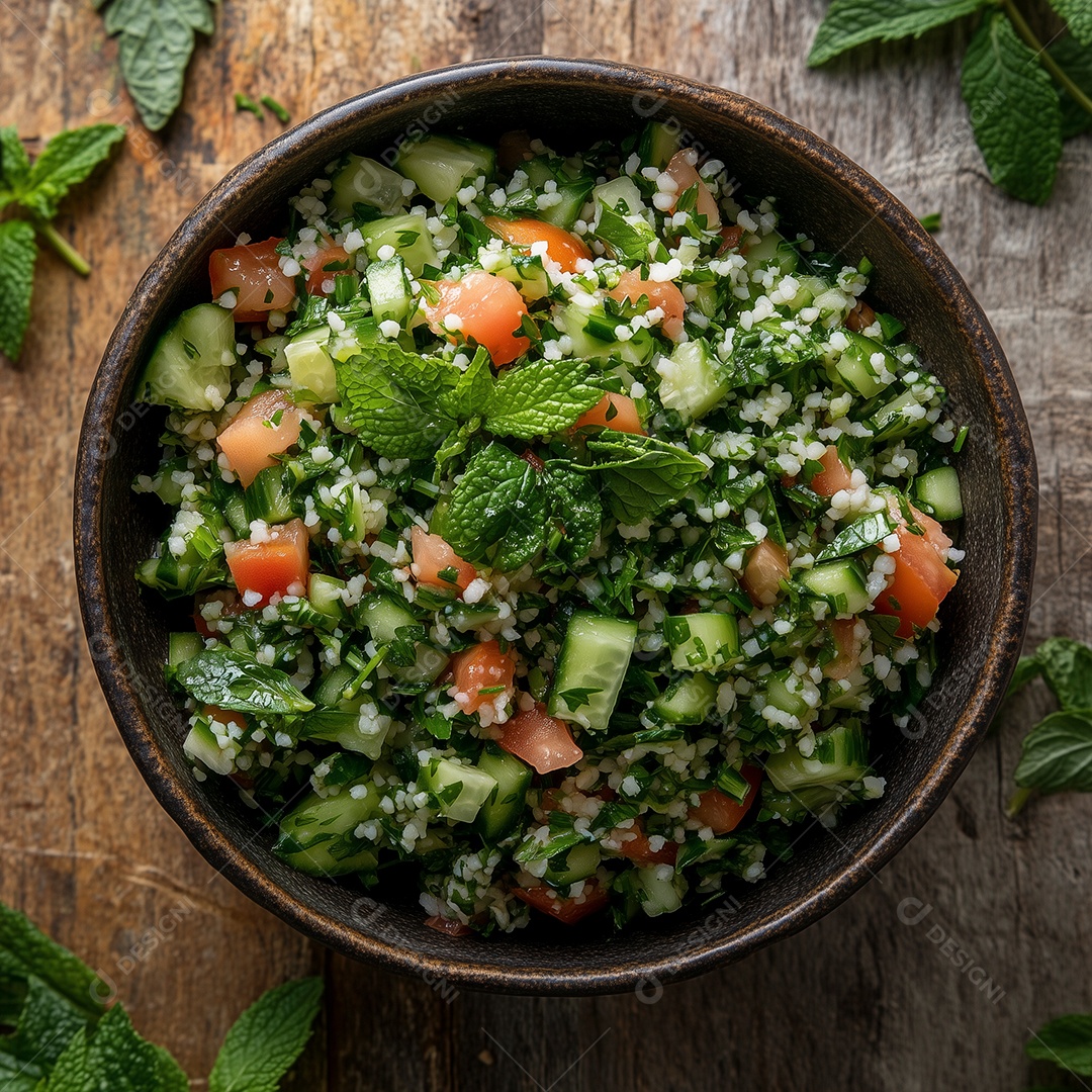 Delíciosa salada em tijela sobre mesa de madeira