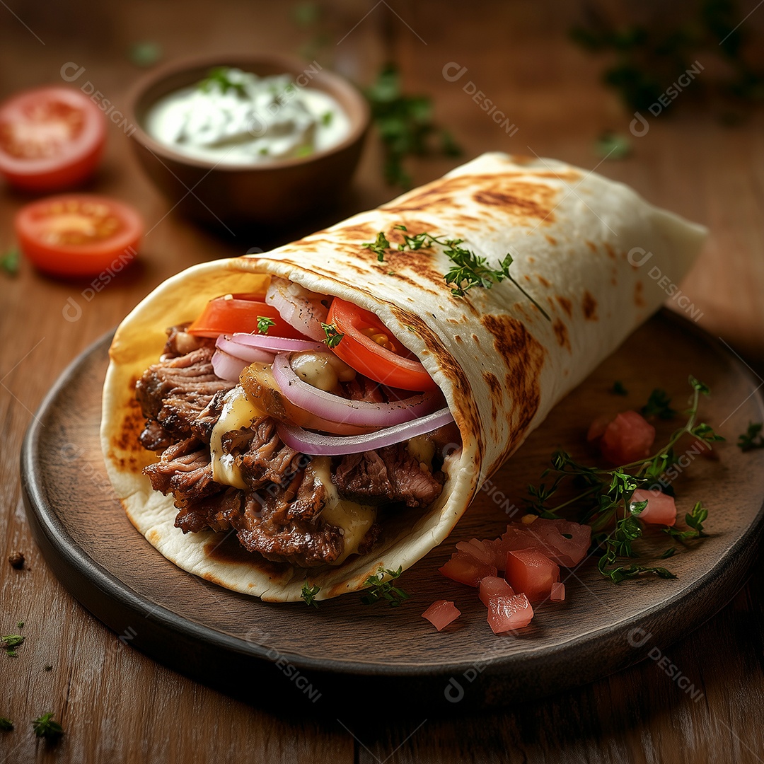 Delícioso taco com carne e vinagrete em prato sobre mesa de madeira