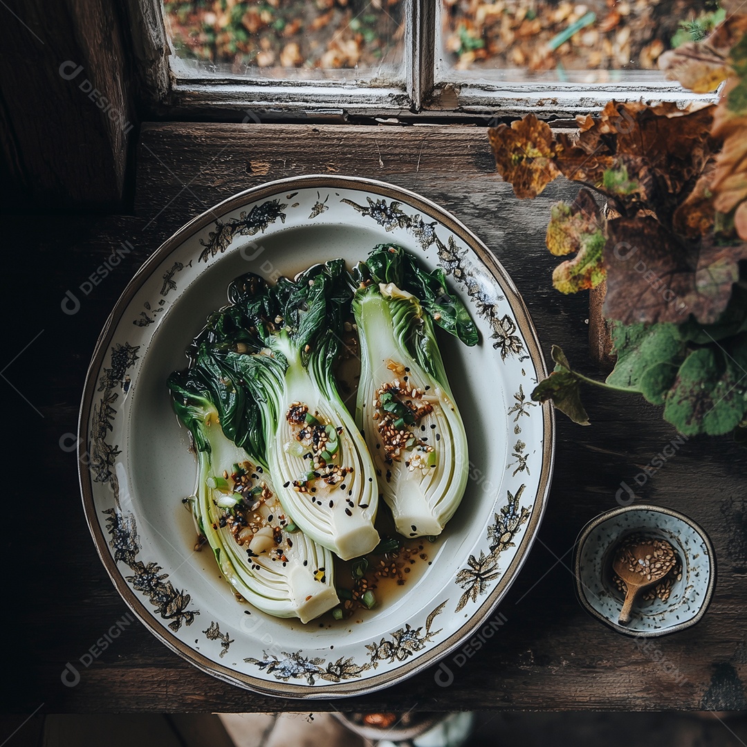 Belas couves napas recheadas em prato sobre mesa de madeira
