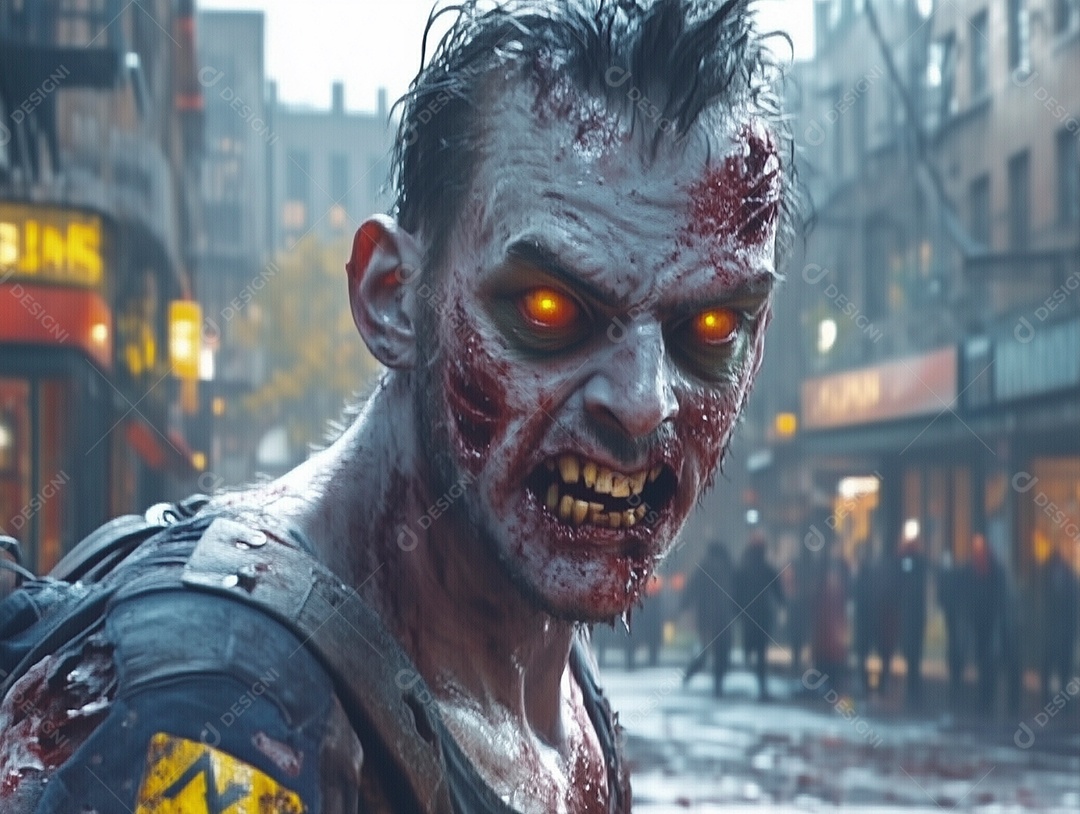 Zumbi com cara disfigurada sobre fundo desfocado