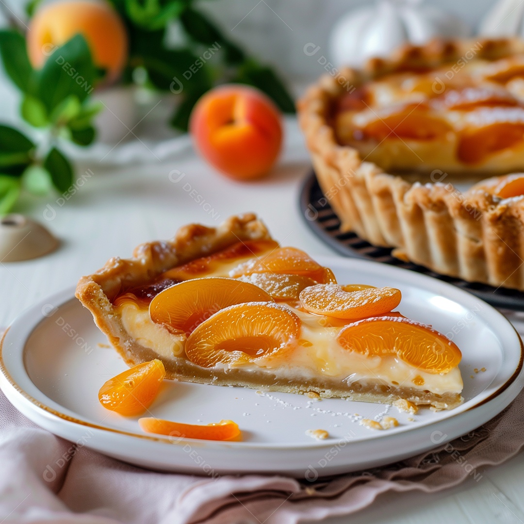 Bela torta de pêssego em prato sobre mesa de madeira