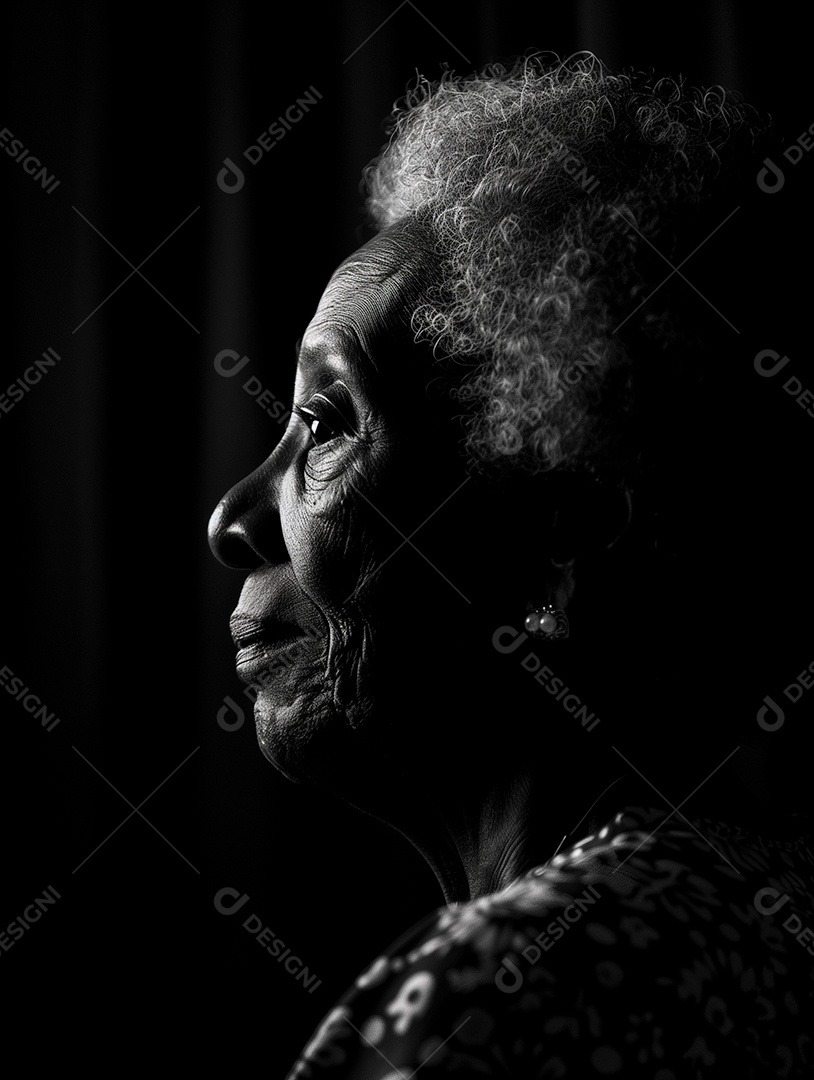 Linda fota de idosa negra em preto e branco sobre fundo isolado