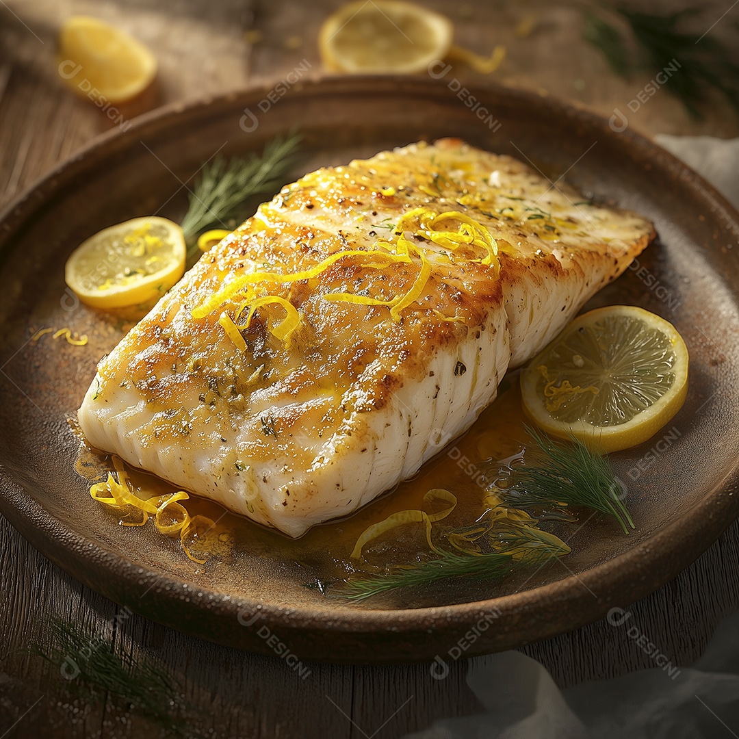 Lindo filé de salmão com raspas de limão em prato sobre mesa de madeira