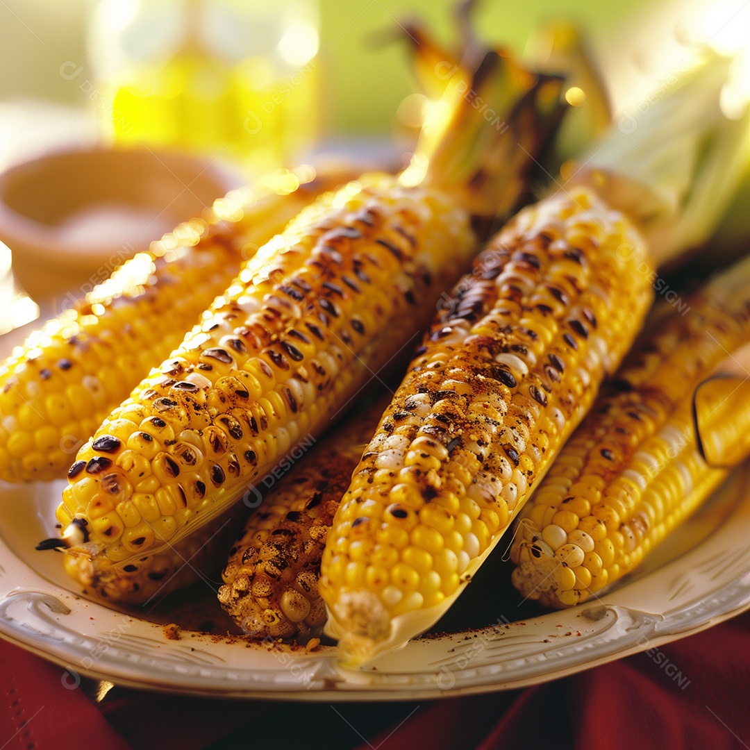 Lindos milhos grelhados sobre mesa de madeira