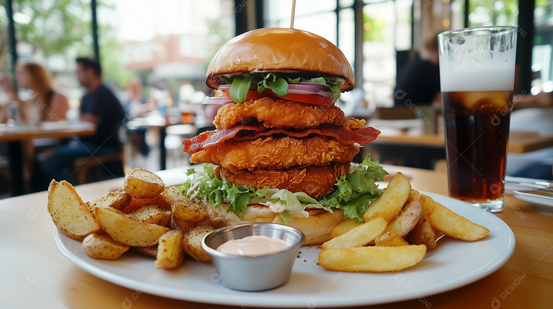 Delícioso hamburguer com batata frita e refrigerante de acompanhamento sobre prato sobre mesa de madeira
