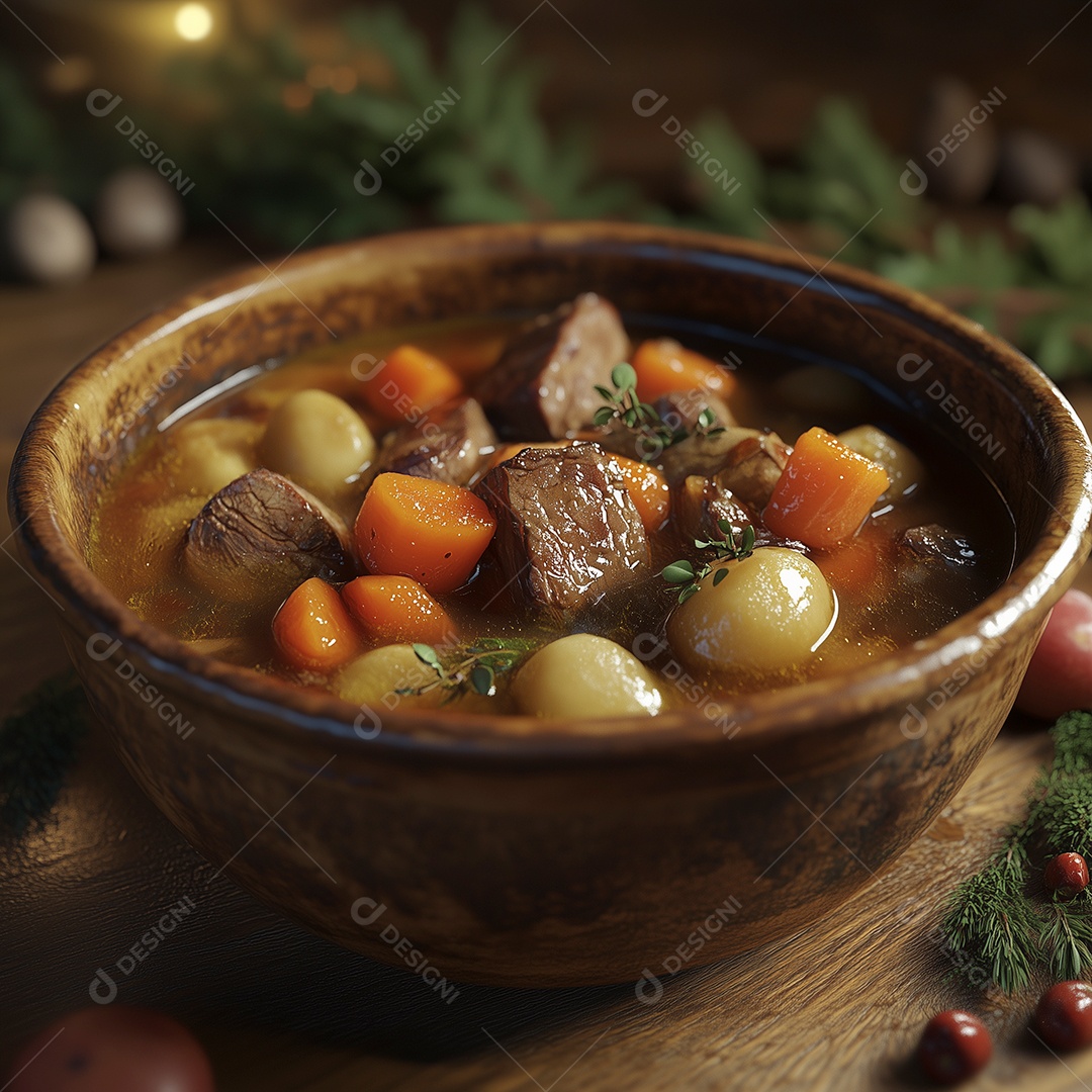 Bela sopa de carne com legumes em tijela sobre mesa de madeira
