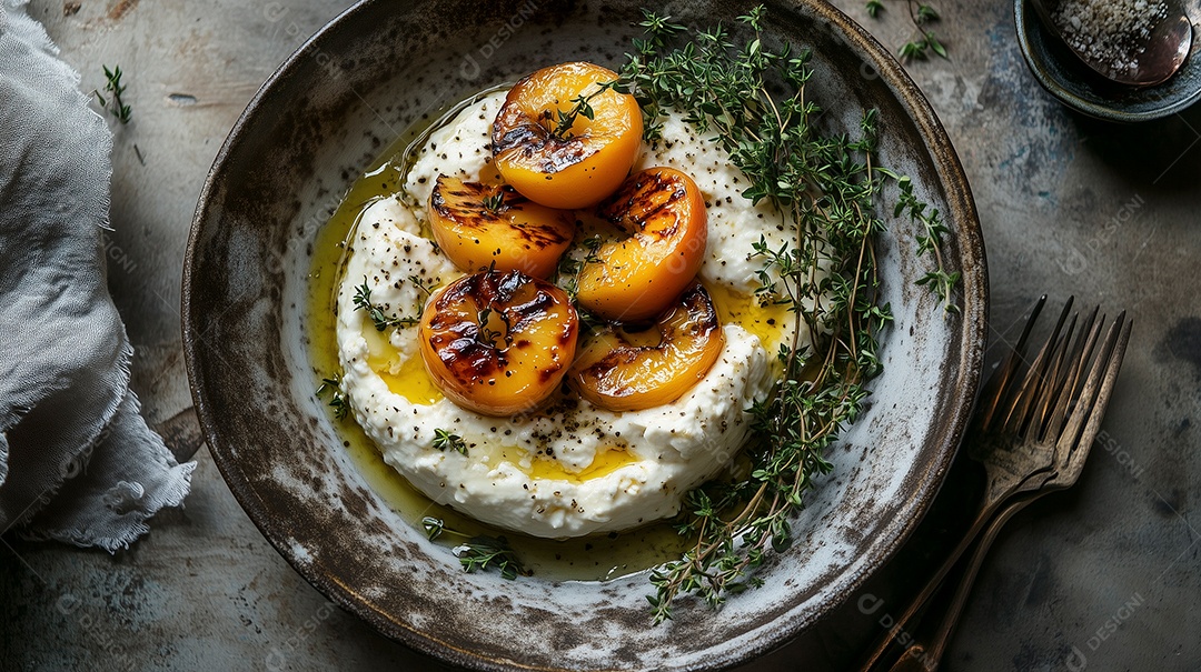 Queijo coalho com maçã caramelizada e alecrim em tijela sobre mesa de madeira
