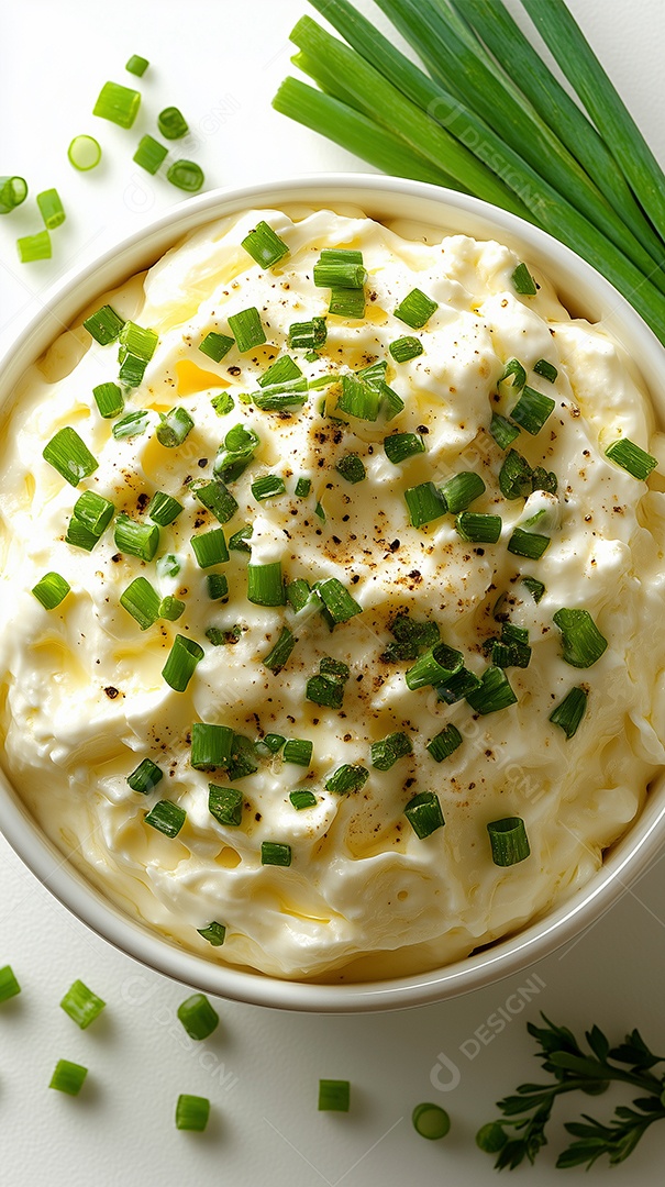 Patê de alho com salsa em tijela sobre fundo branco isolado