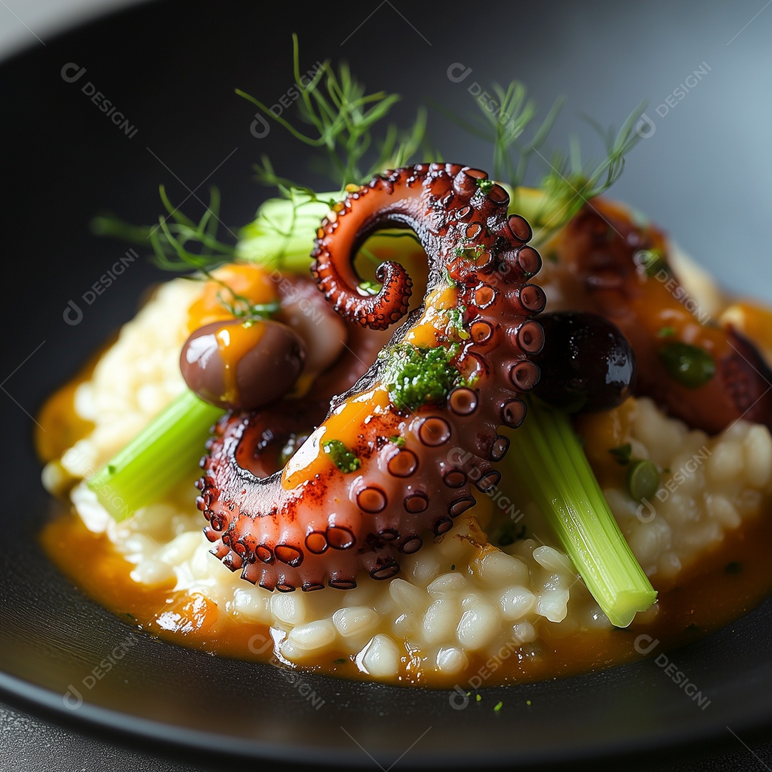 Delícioso risoto com polvo e mexilhões em fundo escuro