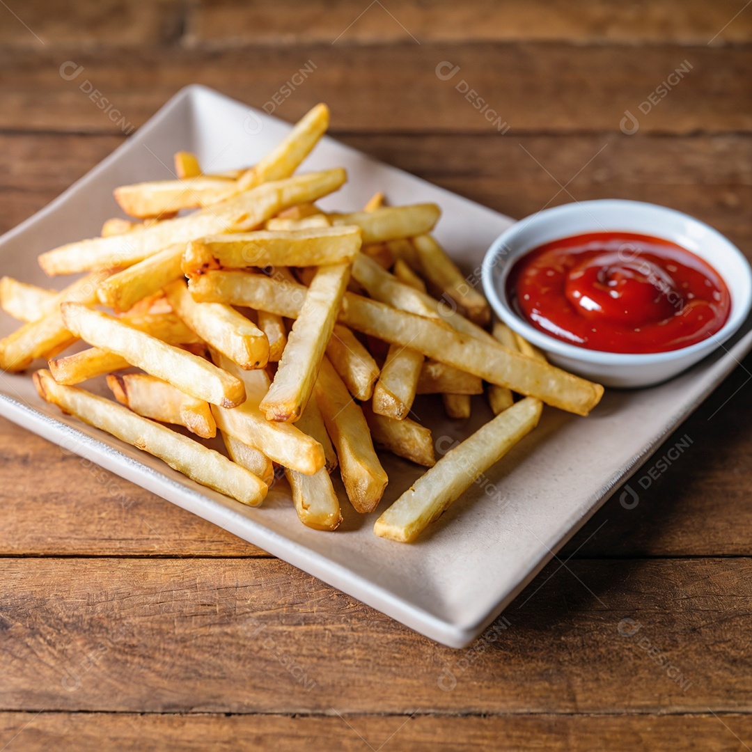 Lindas batas fritas em tijela com ketchup sobre mesa de madeira