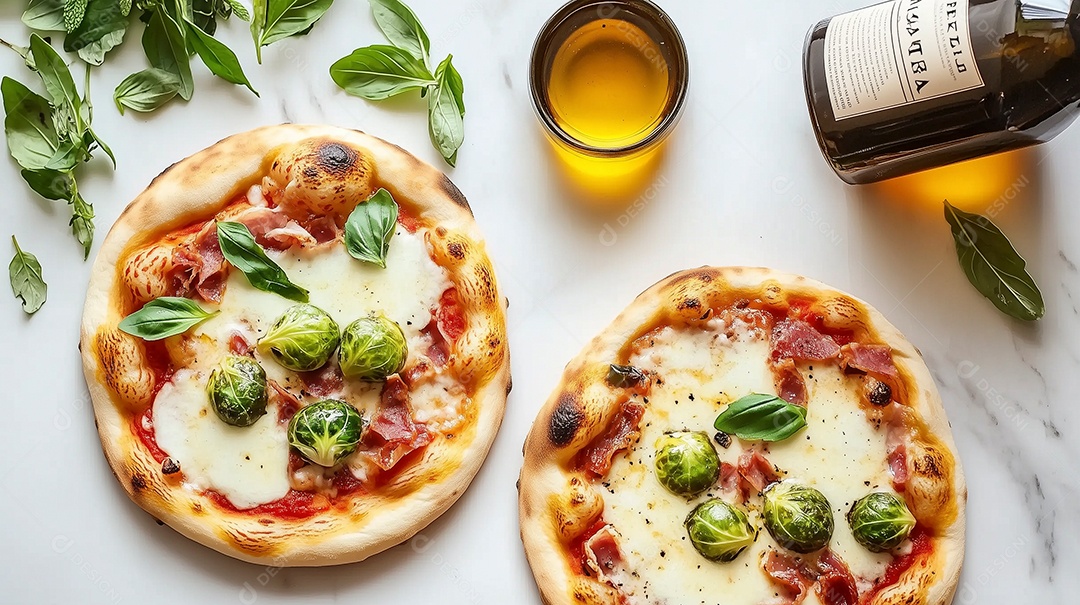 Lindas pizzas quatro queijo e couve sobre mesa de marmore