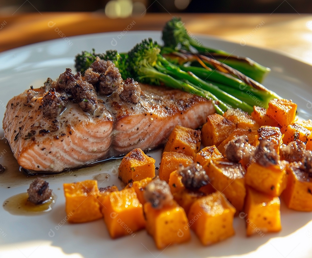 Belo filé de salmão com blocos de abóbora em prato sobre mesa de madeira